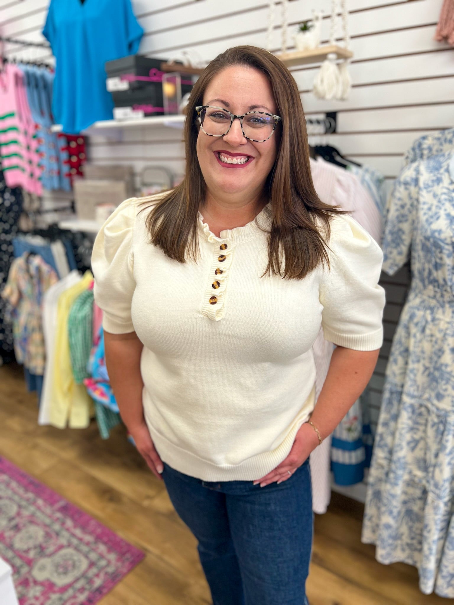 Cream Short Sleeve Ruffle Neck Sweater with Front Buttons - A'Bekah's Boutique