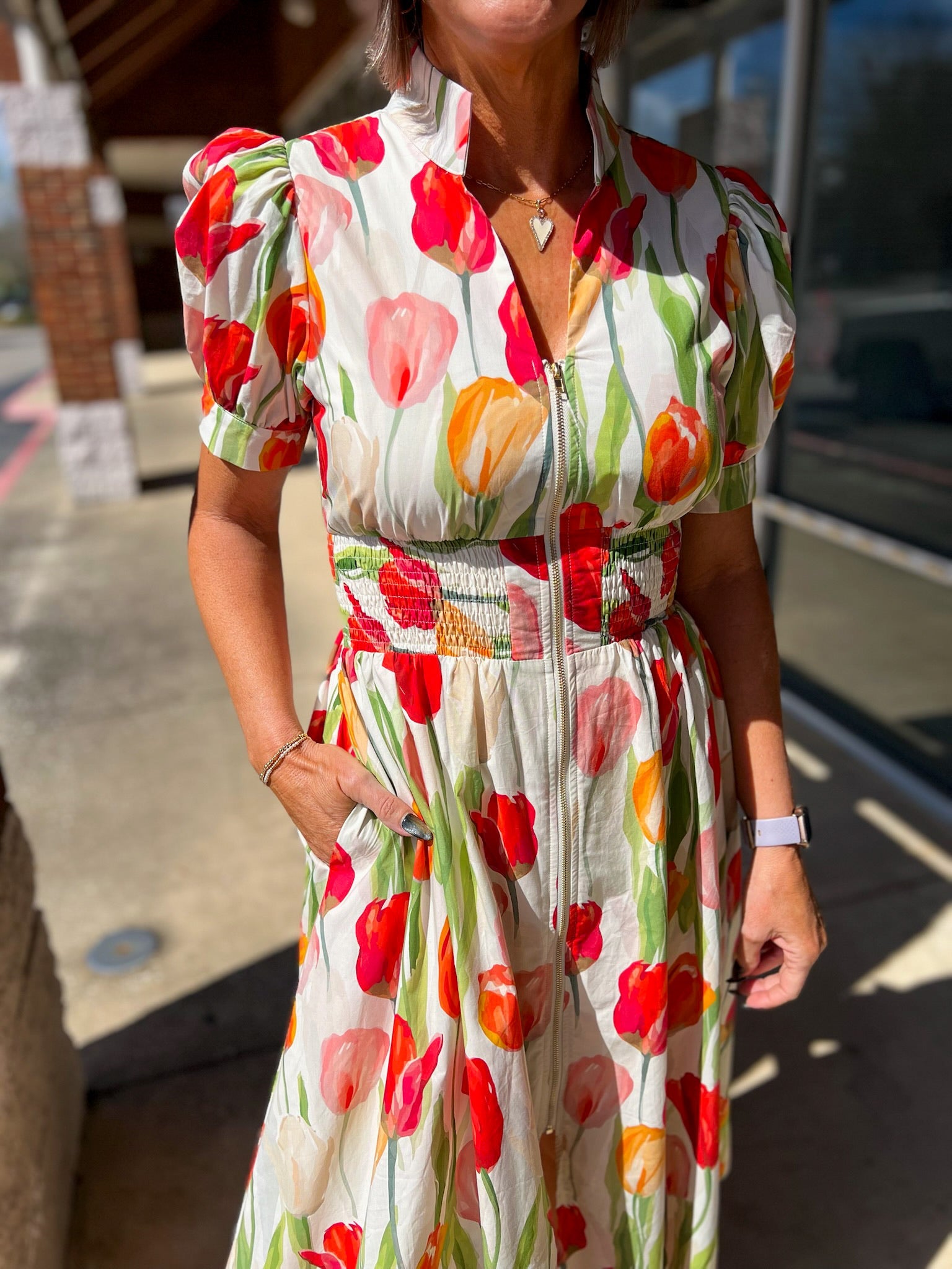 Cream Tulip Print Zip Front Midi Dress with Smocked Waist (R) - A'Bekah's Boutique