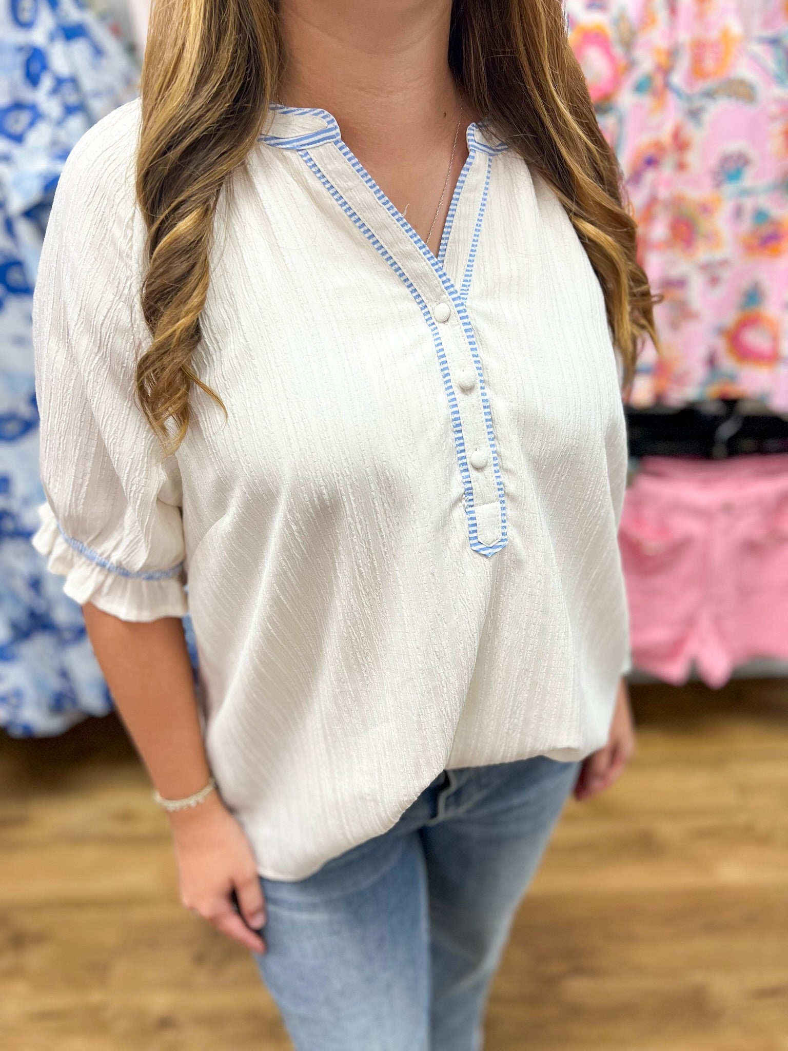Cream V - Neck Top with Striped Contrast Details and Short Puff Sleeves - A'Bekah's Boutique