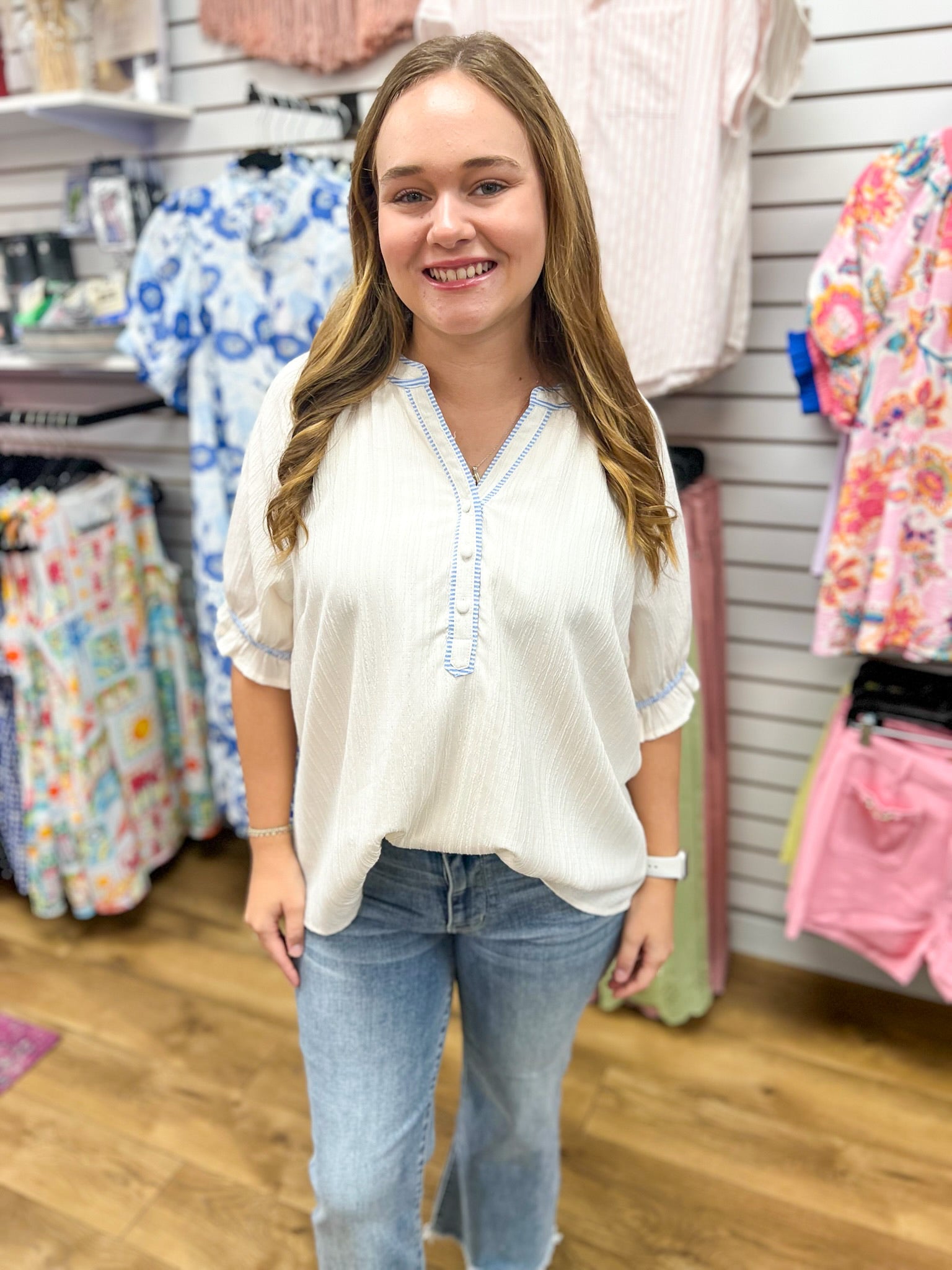 Cream V - Neck Top with Striped Contrast Details and Short Puff Sleeves - A'Bekah's Boutique