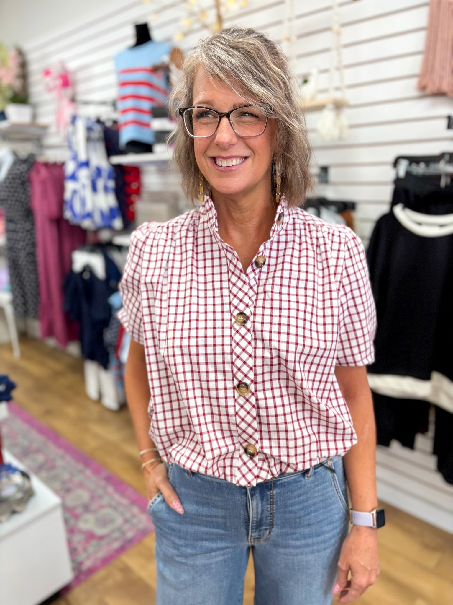 Crimson Gingham Checkered Button Up Top with Bubble Hem - A'Bekah's Boutique
