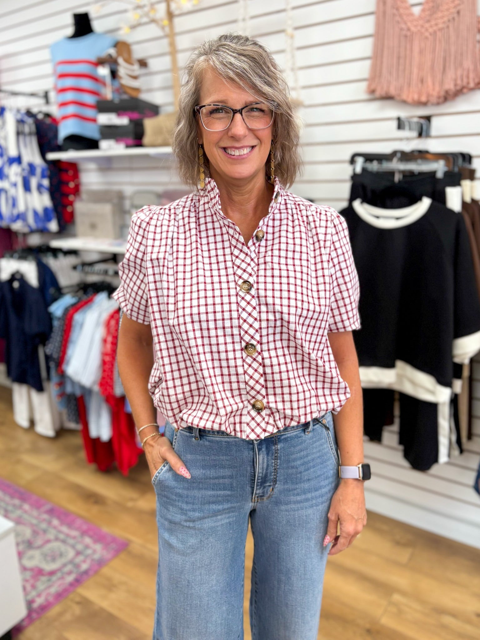 Crimson Gingham Checkered Button Up Top with Bubble Hem - A'Bekah's Boutique