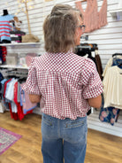 Crimson Gingham Checkered Button Up Top with Bubble Hem - A'Bekah's Boutique