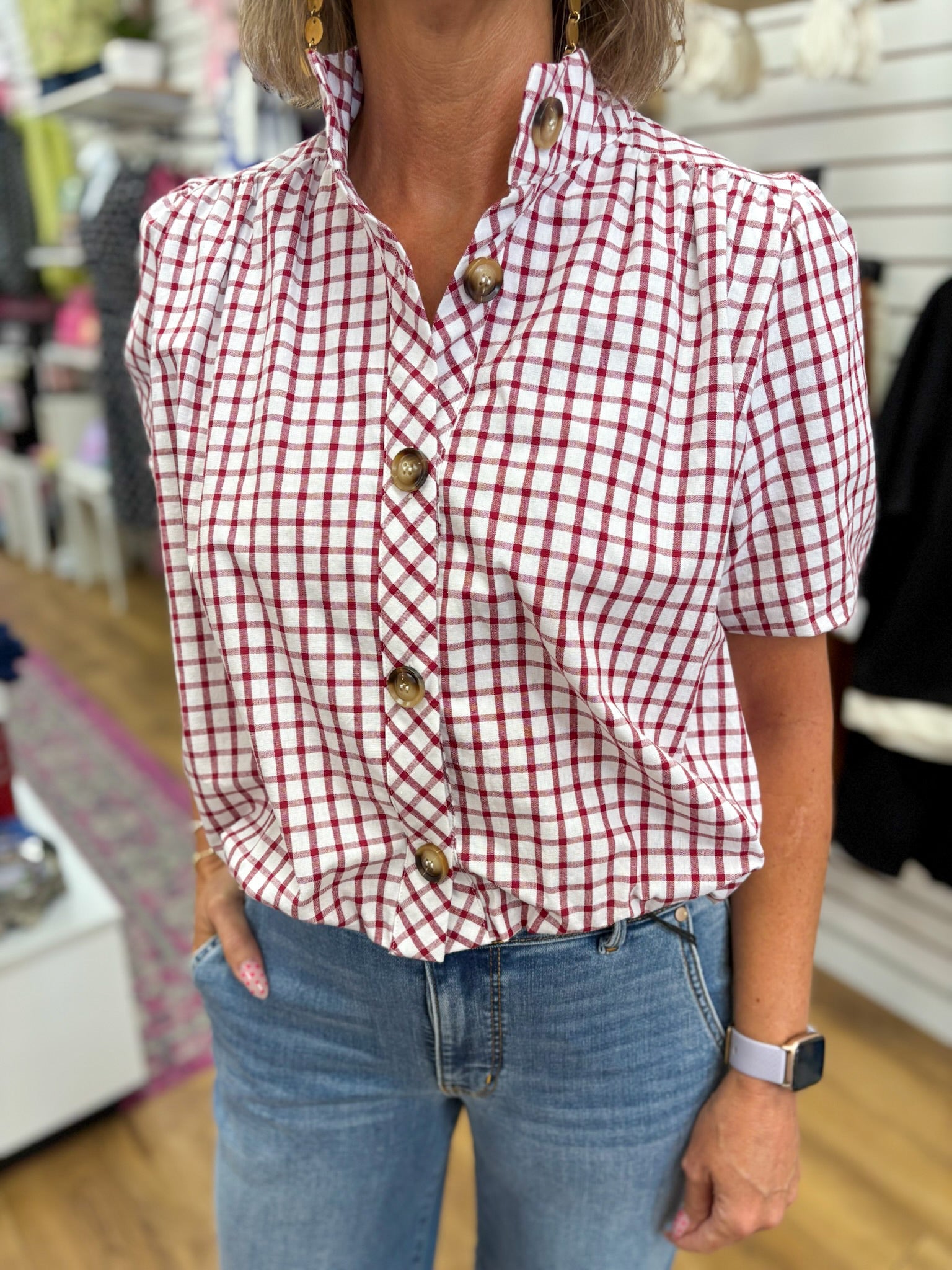 Crimson Gingham Checkered Button Up Top with Bubble Hem - A'Bekah's Boutique
