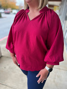 Crimson Textured V - Neck Dress with Scalloped Hem - A'Bekah's Boutique