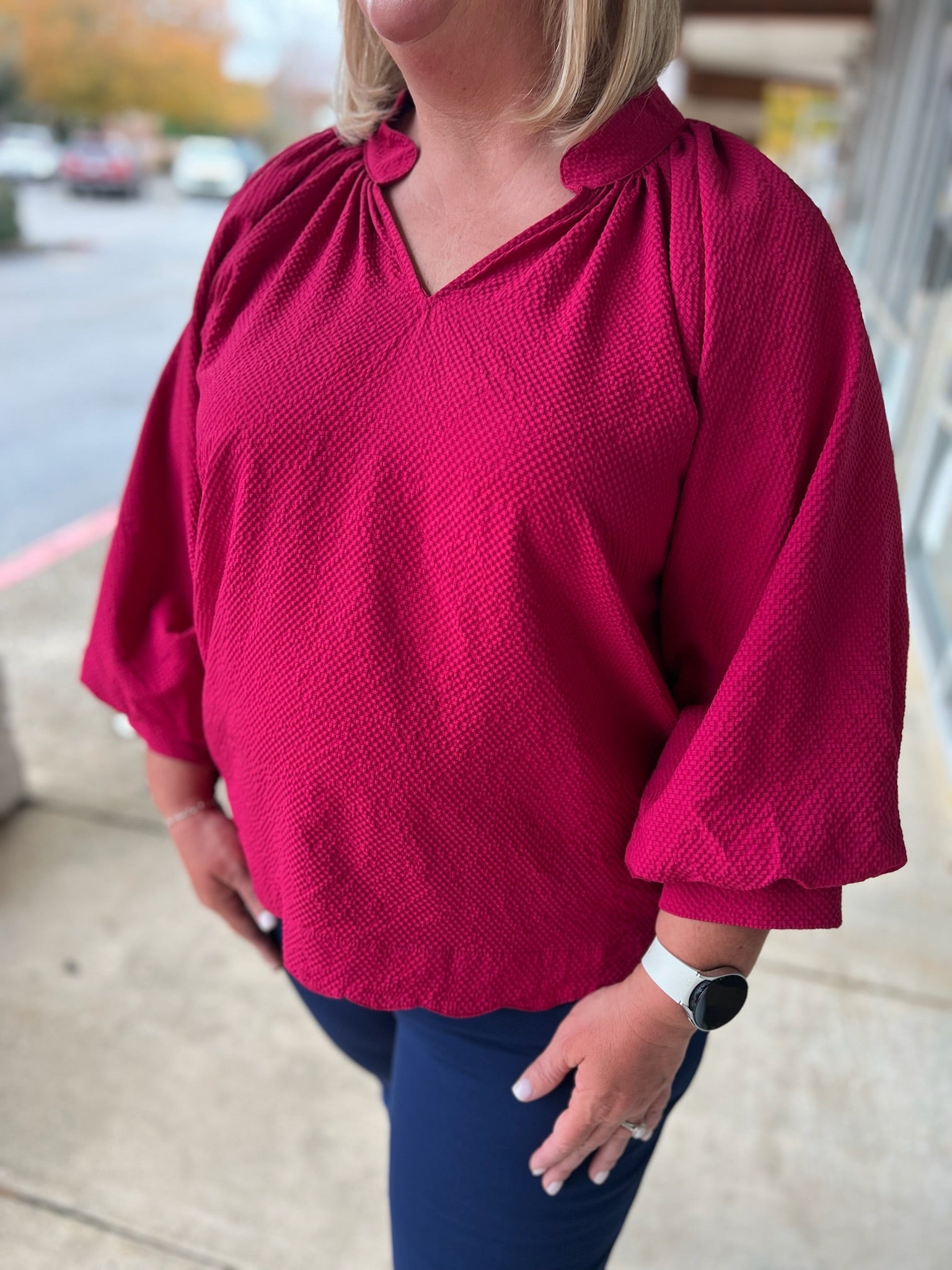 Crimson Textured V - Neck Dress with Scalloped Hem - A'Bekah's Boutique