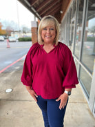 Crimson Textured V - Neck Dress with Scalloped Hem - A'Bekah's Boutique