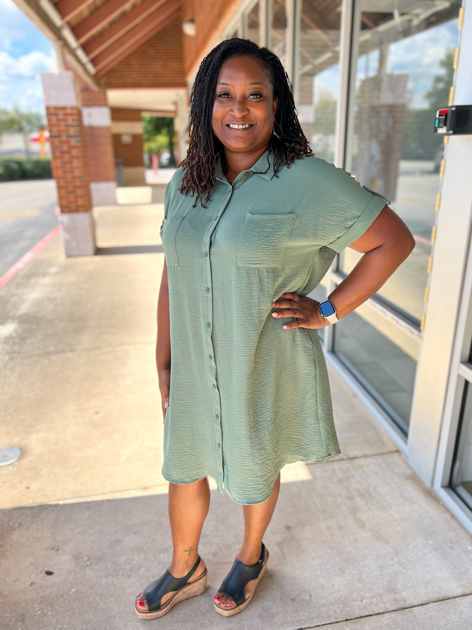 Curvy Olive Button Up Short Sleeve Dress with Pockets - A'Bekah's Boutique
