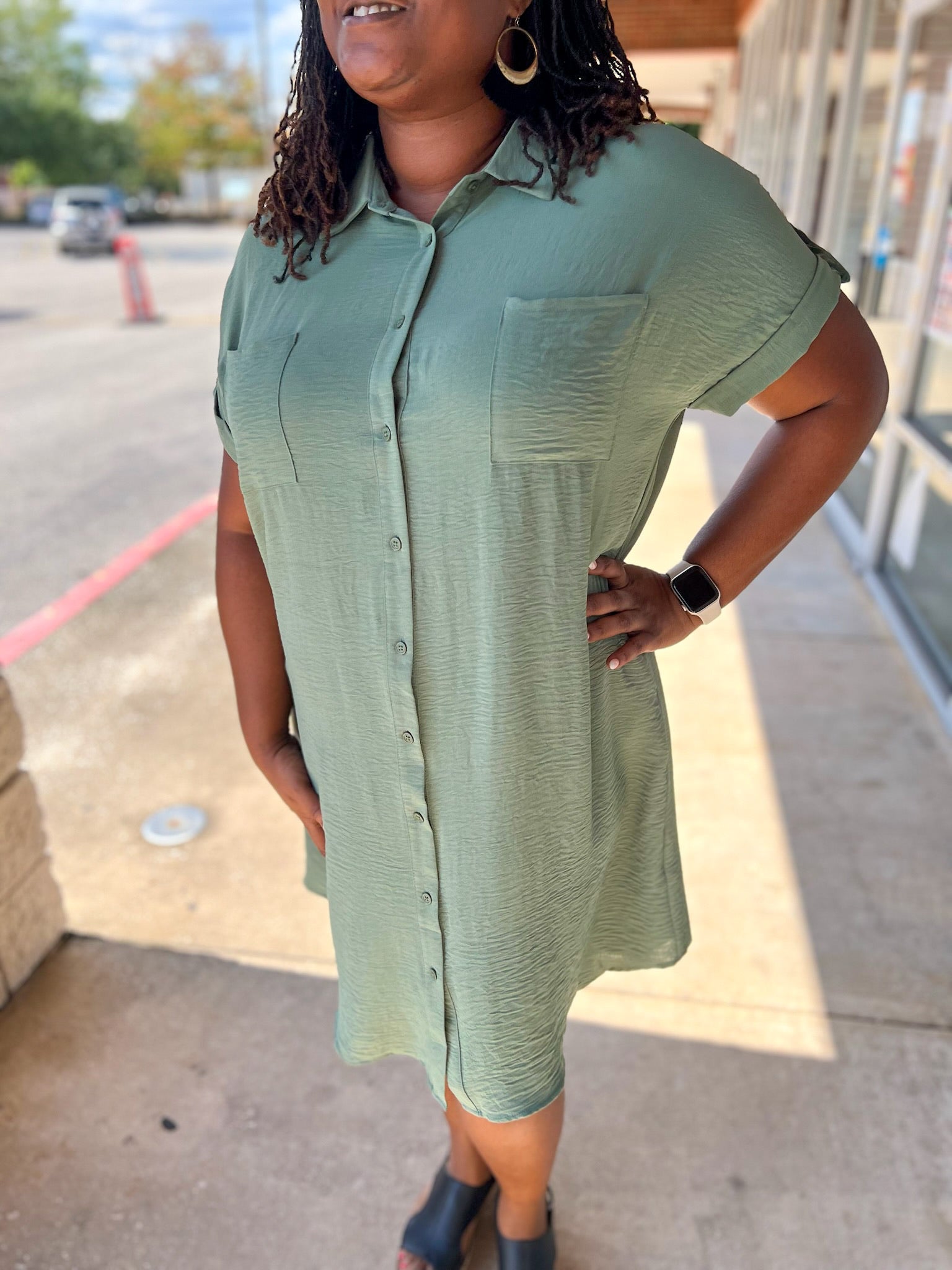 Curvy Olive Button Up Short Sleeve Dress with Pockets - A'Bekah's Boutique