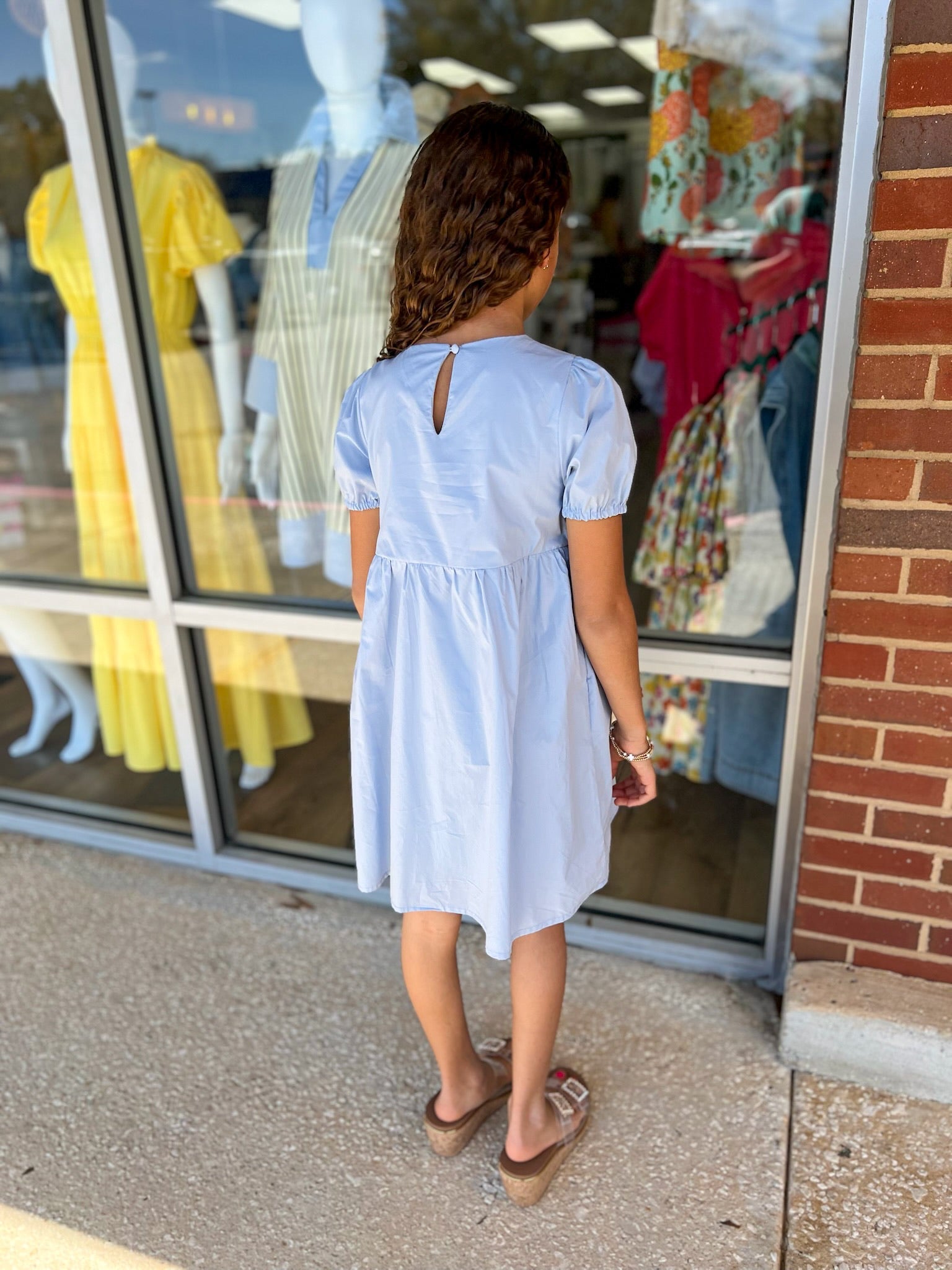 Cutie Pie Girls Blue Dress with Bow Details and Puff Sleeves - A'Bekah's Boutique