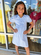 Cutie Pie Girls Blue Dress with Bow Details and Puff Sleeves - A'Bekah's Boutique