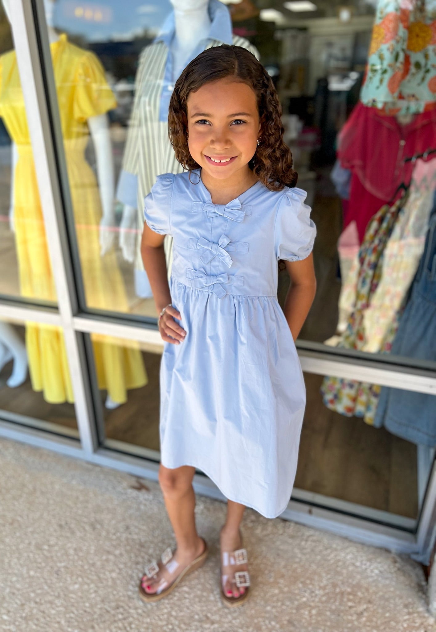 Cutie Pie Girls Blue Dress with Bow Details and Puff Sleeves - A'Bekah's Boutique