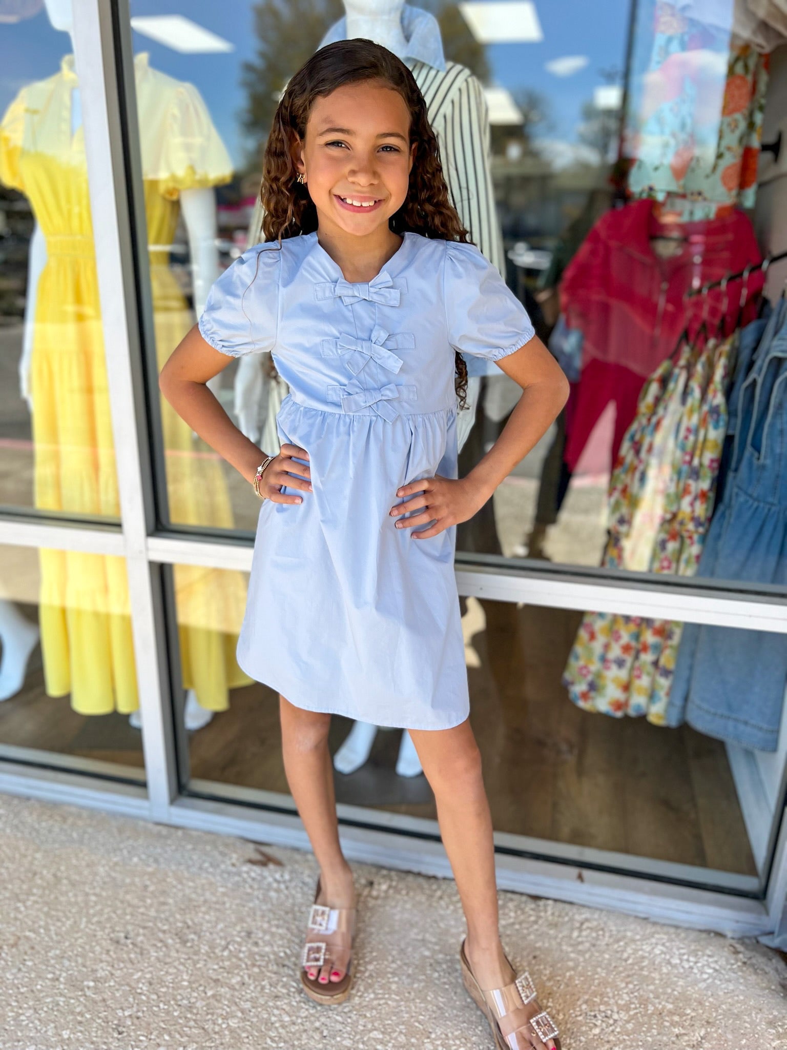 Cutie Pie Girls Blue Dress with Bow Details and Puff Sleeves - A'Bekah's Boutique