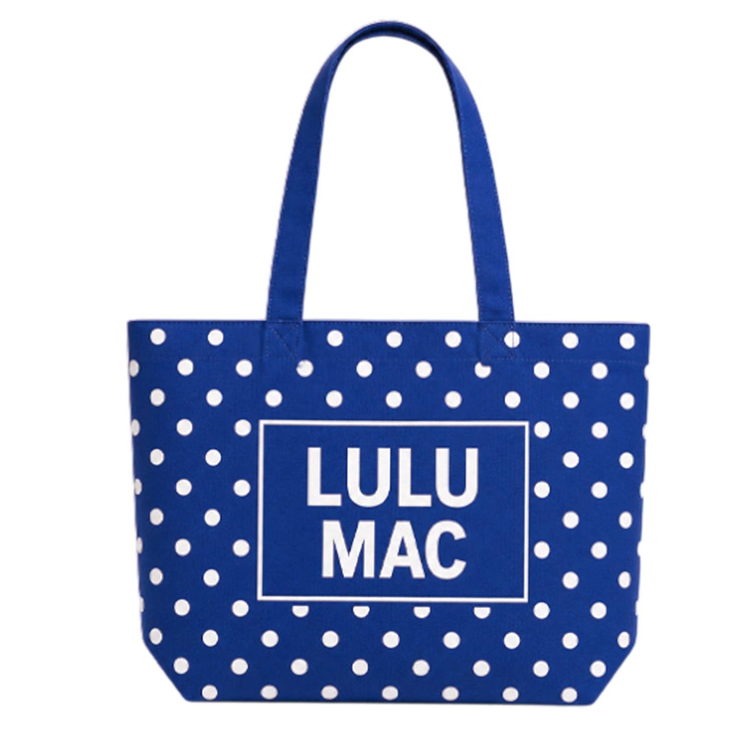 Royal blue polka dot canvas tote bag with white LULU MAC logo and handles