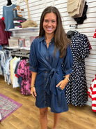 Dark Denim Dress with 3/4 Sleeves and Tie Waist - A'Bekah's Boutique