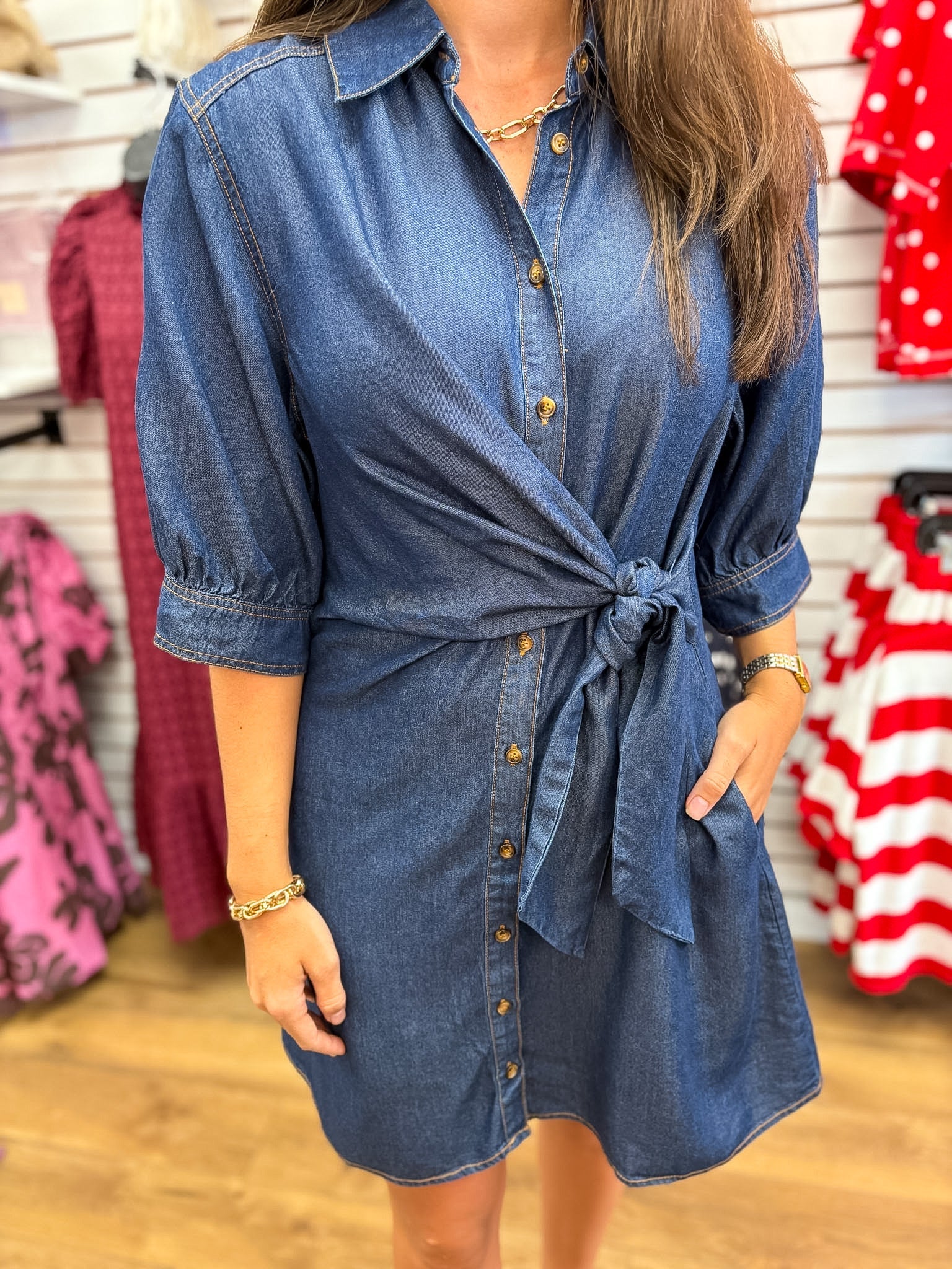 Dark Denim Dress with 3/4 Sleeves and Tie Waist - A'Bekah's Boutique