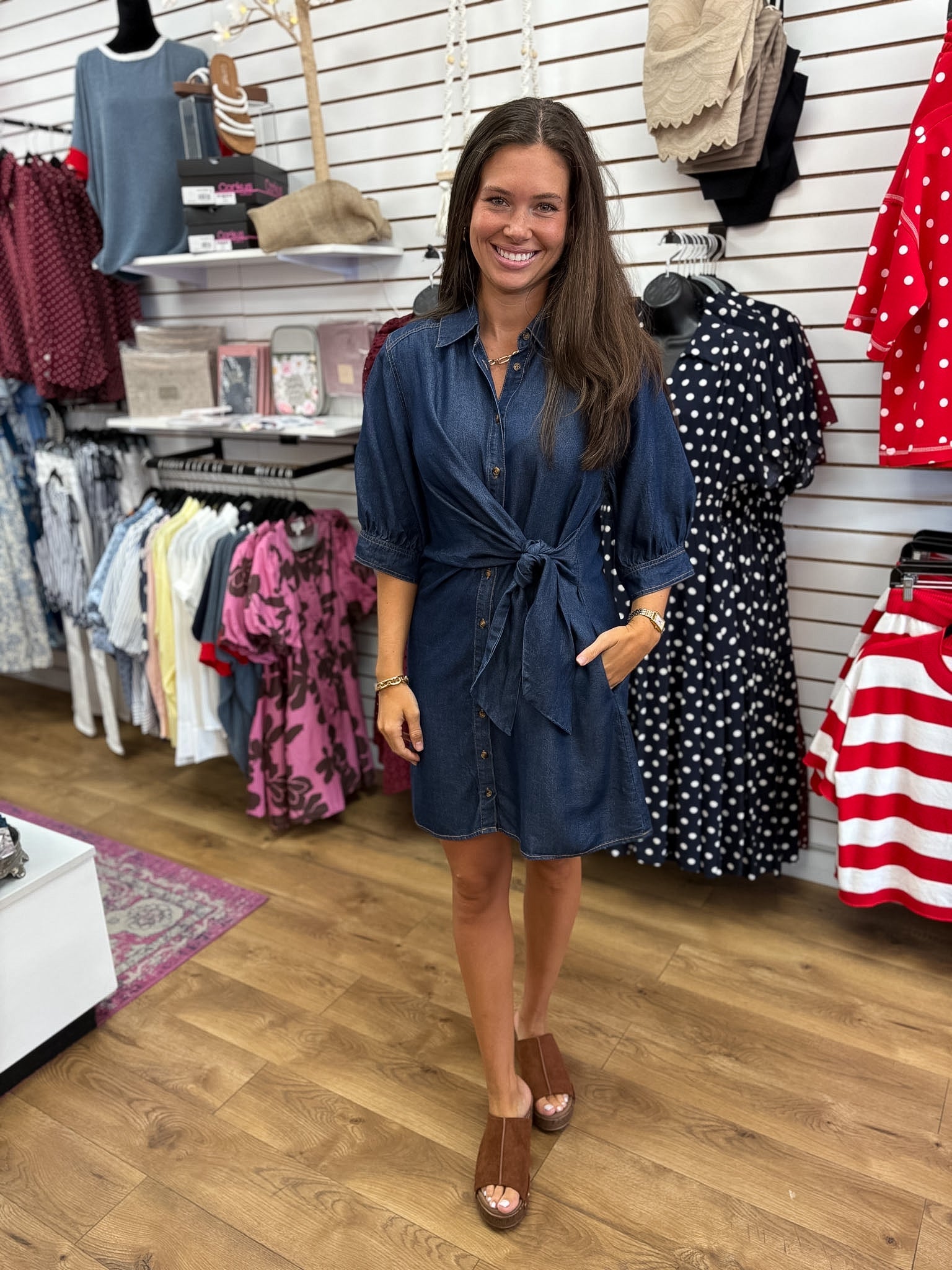 Dark Denim Dress with 3/4 Sleeves and Tie Waist - A'Bekah's Boutique