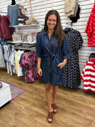Dark Denim Dress with 3/4 Sleeves and Tie Waist - A'Bekah's Boutique