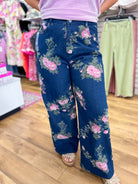 Dark Denim Floral Wide Legs Cropped Pants - A'Bekah's Boutique