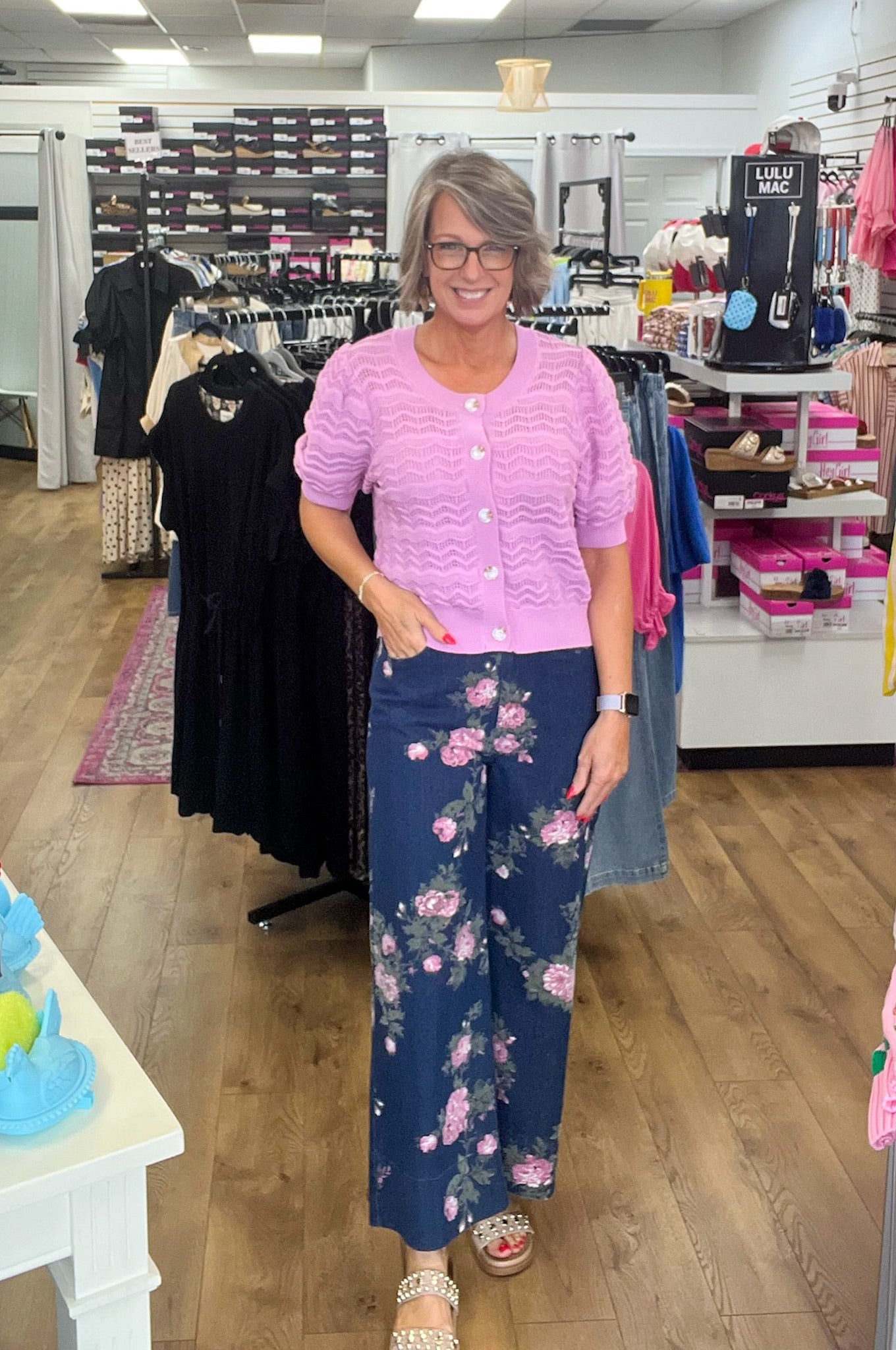 Dark Denim Floral Wide Legs Cropped Pants - A'Bekah's Boutique