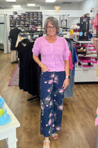 Dark Denim Floral Wide Legs Cropped Pants - A'Bekah's Boutique