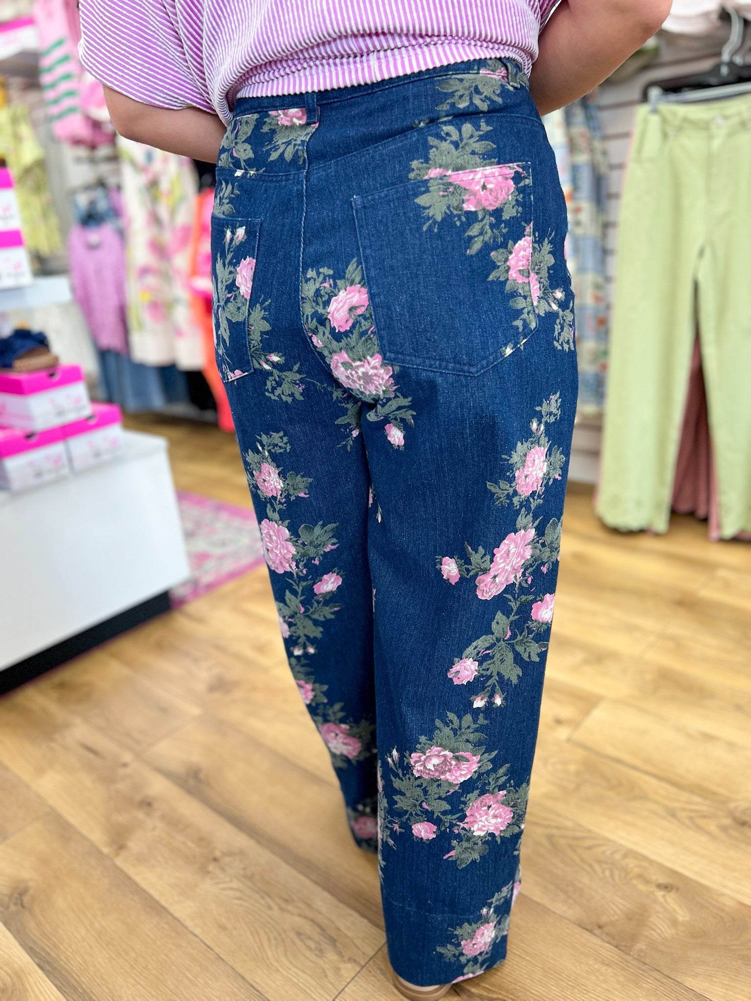 Dark Denim Floral Wide Legs Cropped Pants - A'Bekah's Boutique