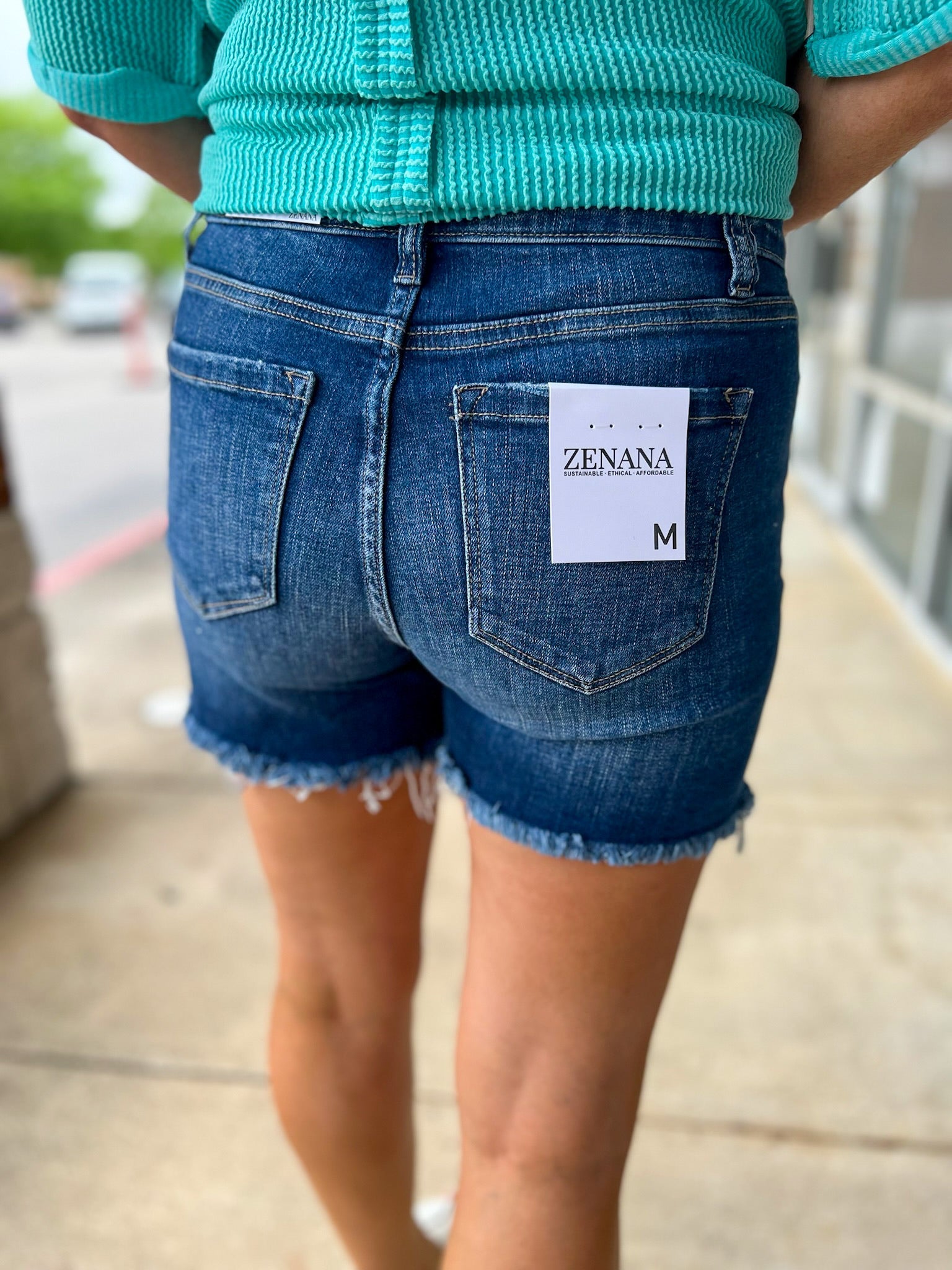 Dark Denim Mid Rise Shorts with Frayed Hem 4.5" Inseam - A'Bekah's Boutique