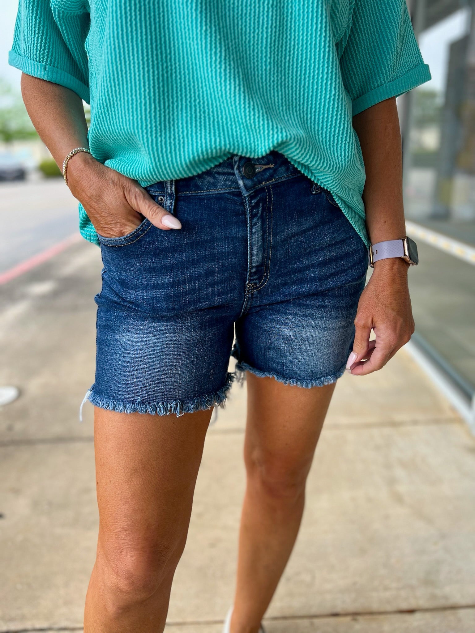 Dark Denim Mid Rise Shorts with Frayed Hem 4.5" Inseam - A'Bekah's Boutique