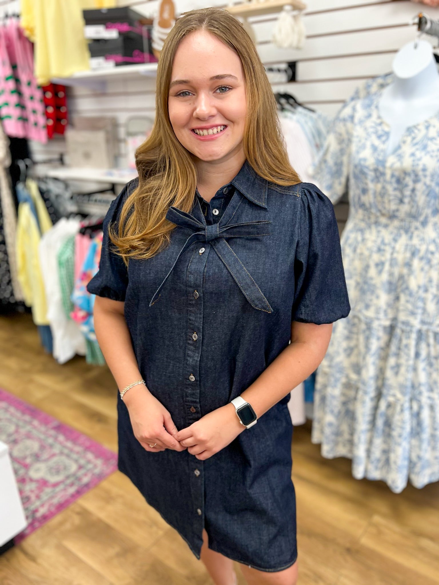 Dark Denim Short Sleeve Dress with Front Bow Detail - A'Bekah's Boutique