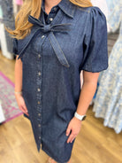 Dark Denim Short Sleeve Dress with Front Bow Detail - A'Bekah's Boutique