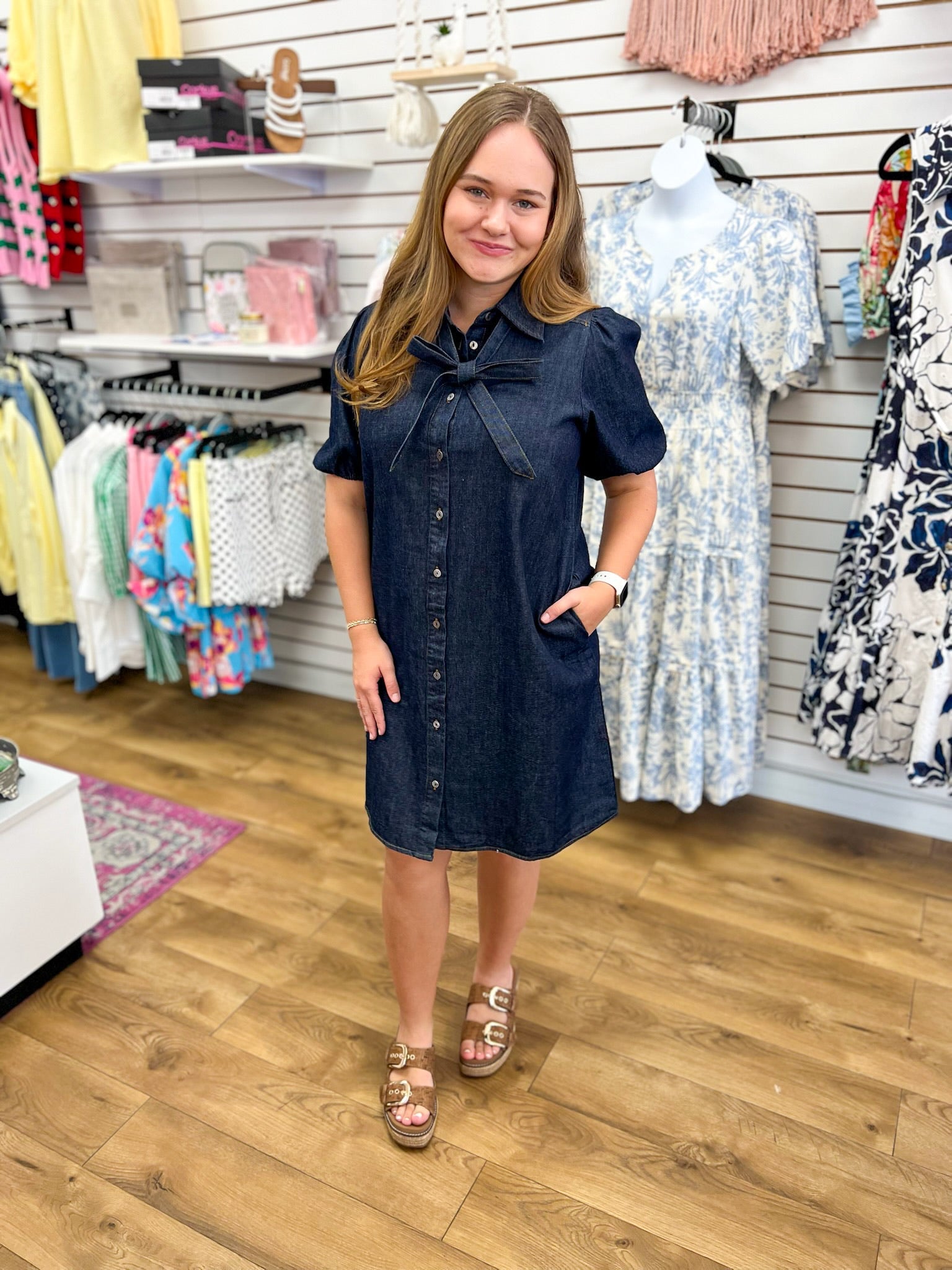 Dark Denim Short Sleeve Dress with Front Bow Detail - A'Bekah's Boutique