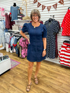 Dark Denim Short Sleeve Dress with Pockets - A'Bekah's Boutique