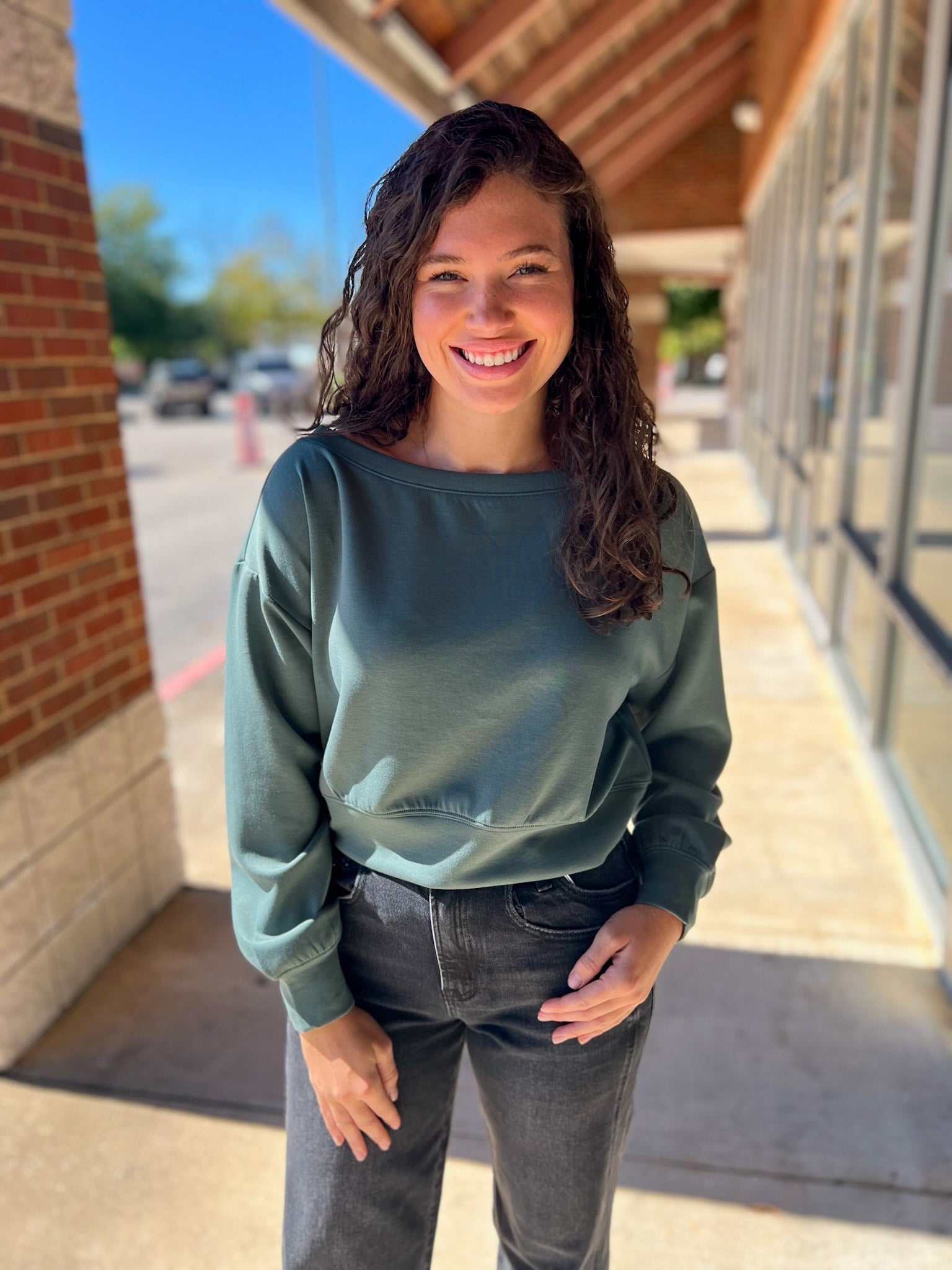 Dark Forest Green Scuba Boatneck Long Sleeve Cropped Sweatshirt - A'Bekah's Boutique