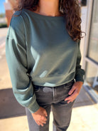 Dark Forest Green Scuba Boatneck Long Sleeve Cropped Sweatshirt - A'Bekah's Boutique