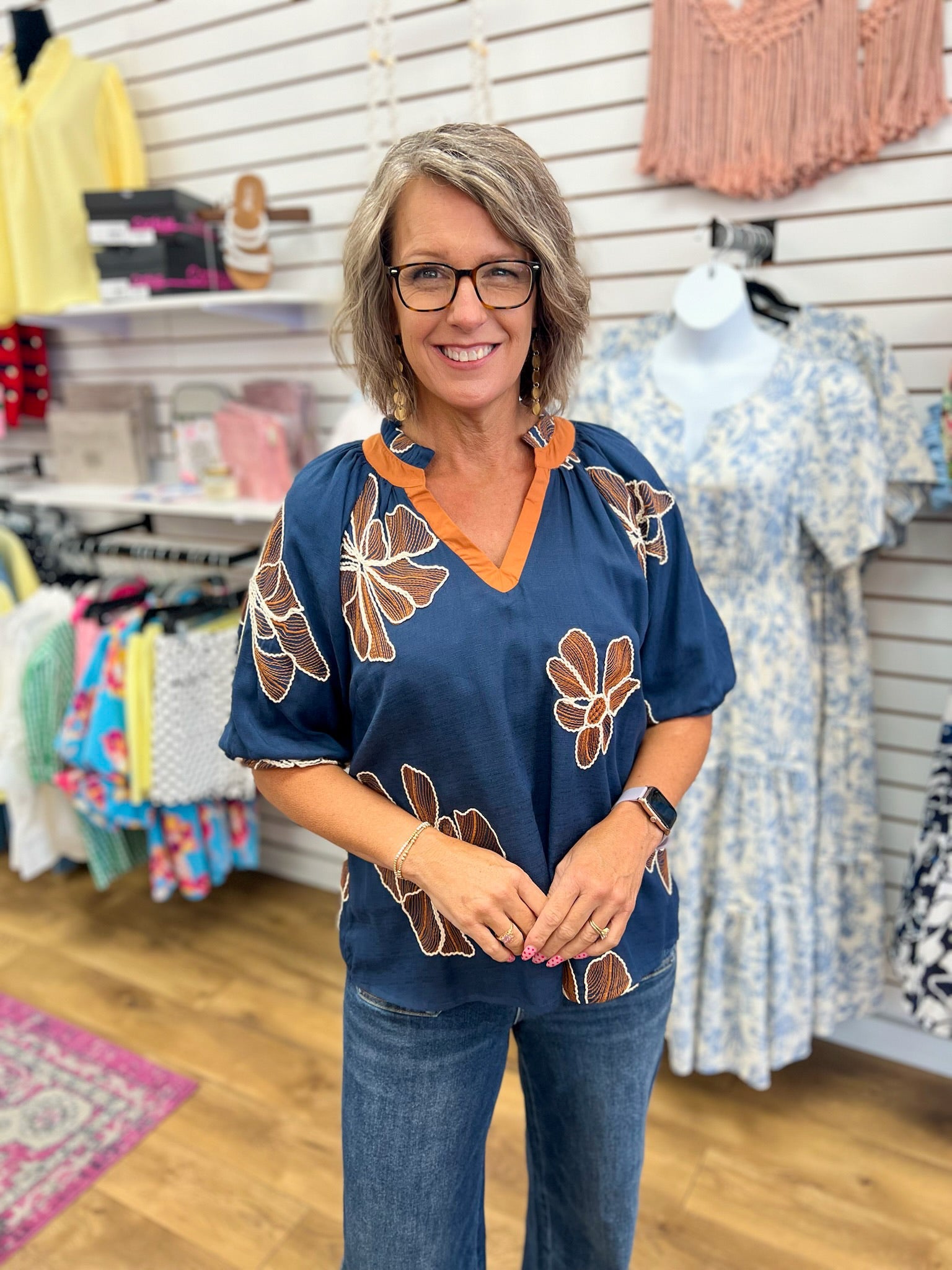 Denim Blue Floral V-Neck Top with Contrast Trim Details - A'Bekah's Boutique