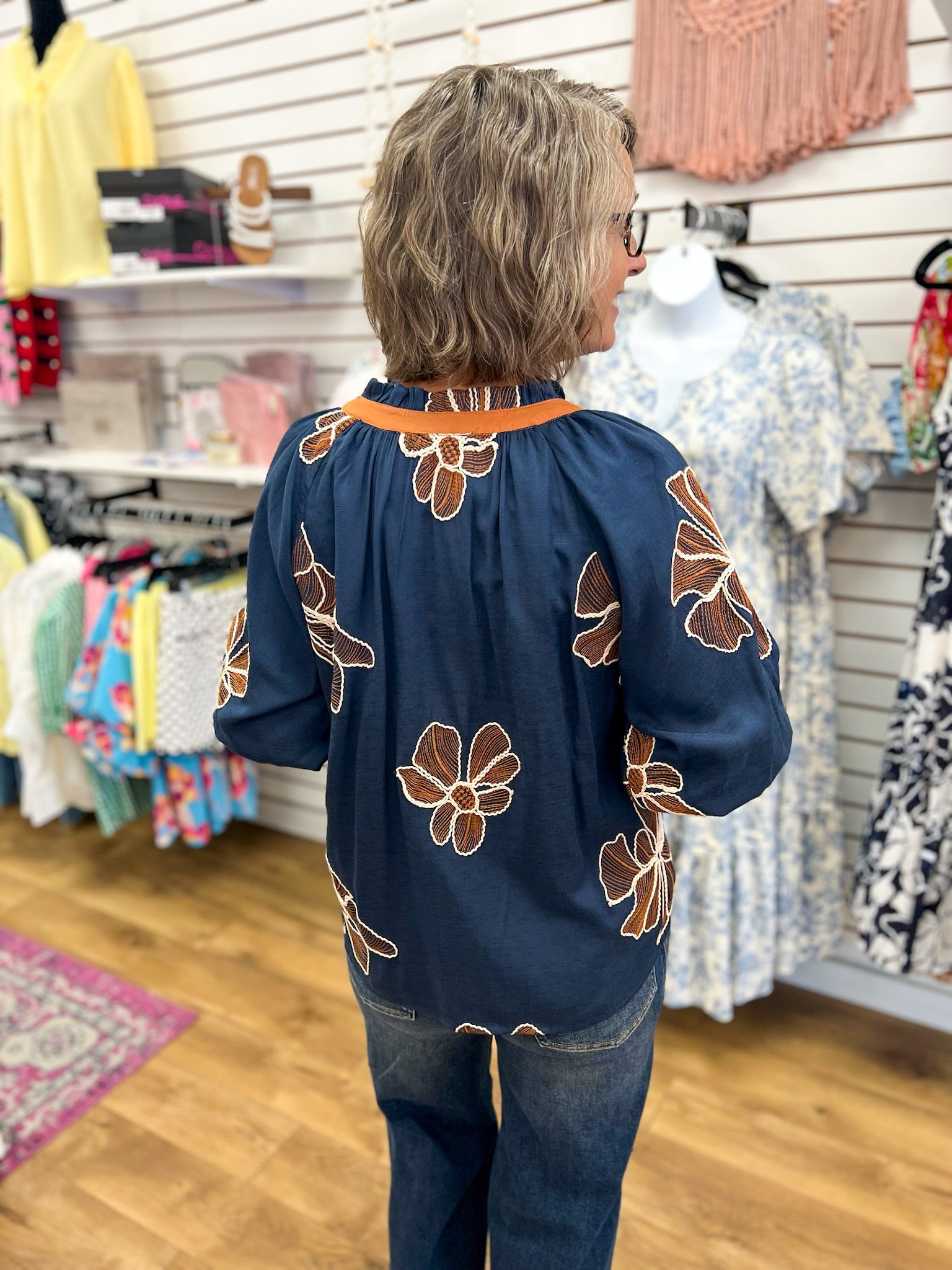 Denim Blue Floral V-Neck Top with Contrast Trim Details - A'Bekah's Boutique