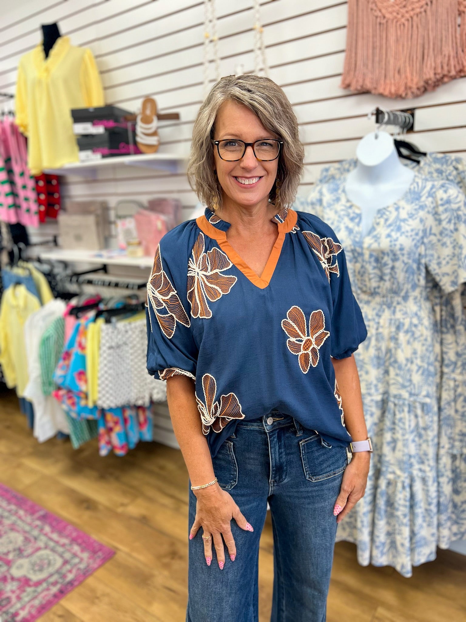 Denim Blue Floral V-Neck Top with Contrast Trim Details - A'Bekah's Boutique