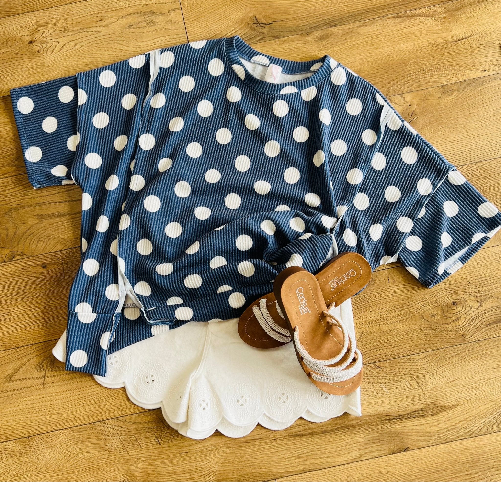Denim Blue Polka Dot Rib Knit Top - A'Bekah's Boutique