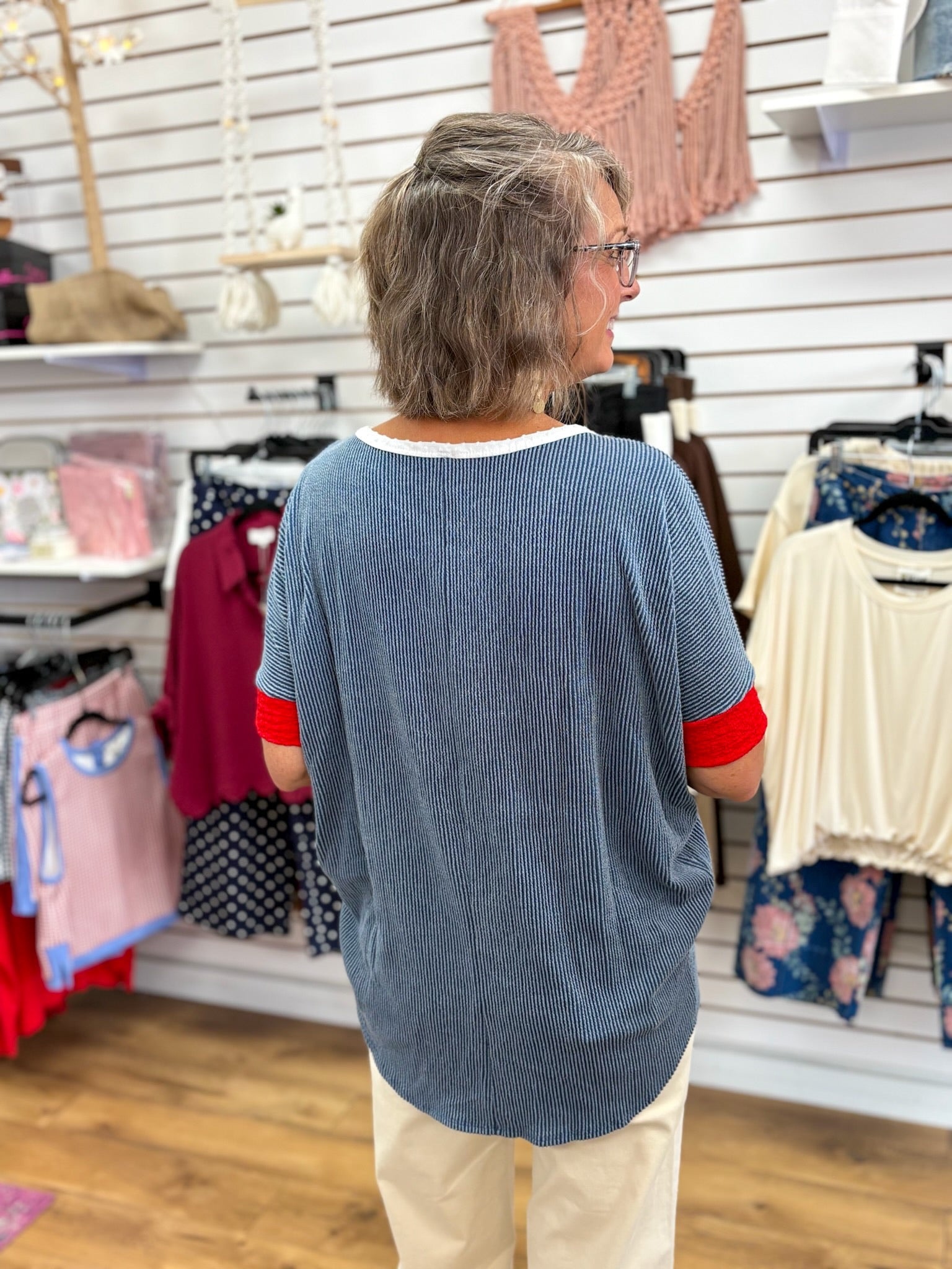 Denim Blue Rib Knit Top with Red Accent at Cuffs - A'Bekah's Boutique