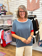 Denim Blue Rib Knit Top with Red Accent at Cuffs - A'Bekah's Boutique