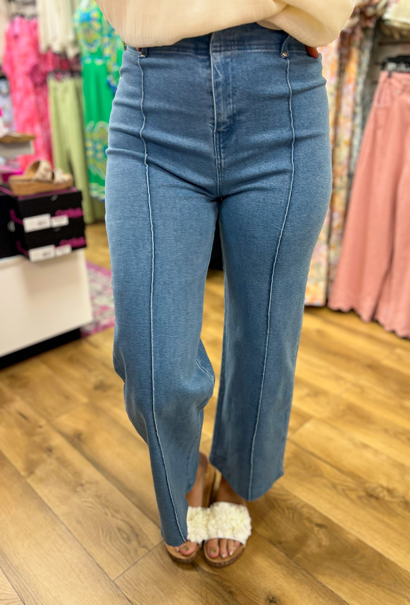 Denim High - Rise Pants with Front Pintuck Details - A'Bekah's Boutique