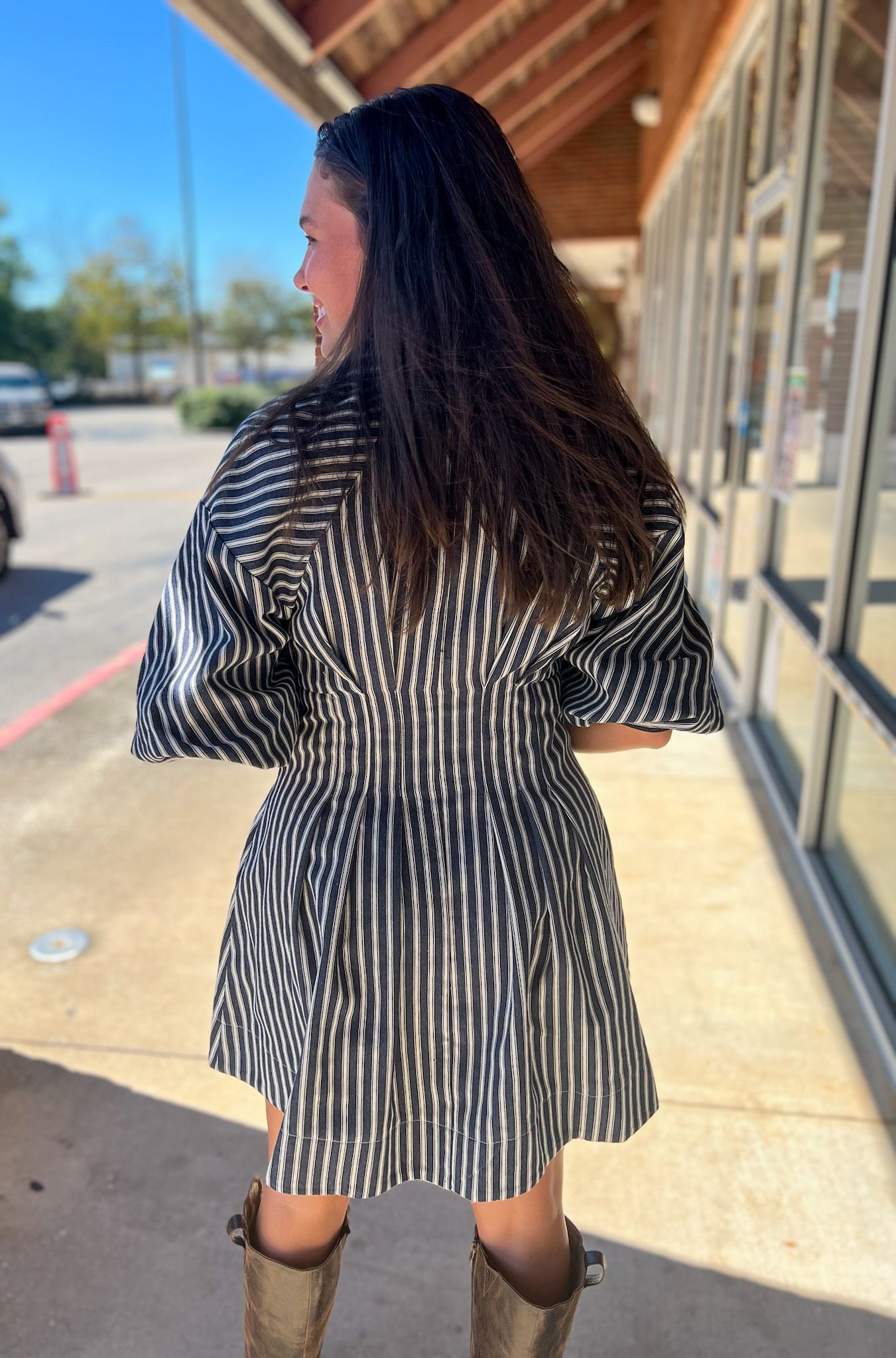 Denim Navy Blue Striped Bubble Sleeve Dress - A'Bekah's Boutique