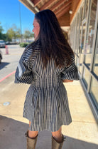Denim Navy Blue Striped Bubble Sleeve Dress - A'Bekah's Boutique
