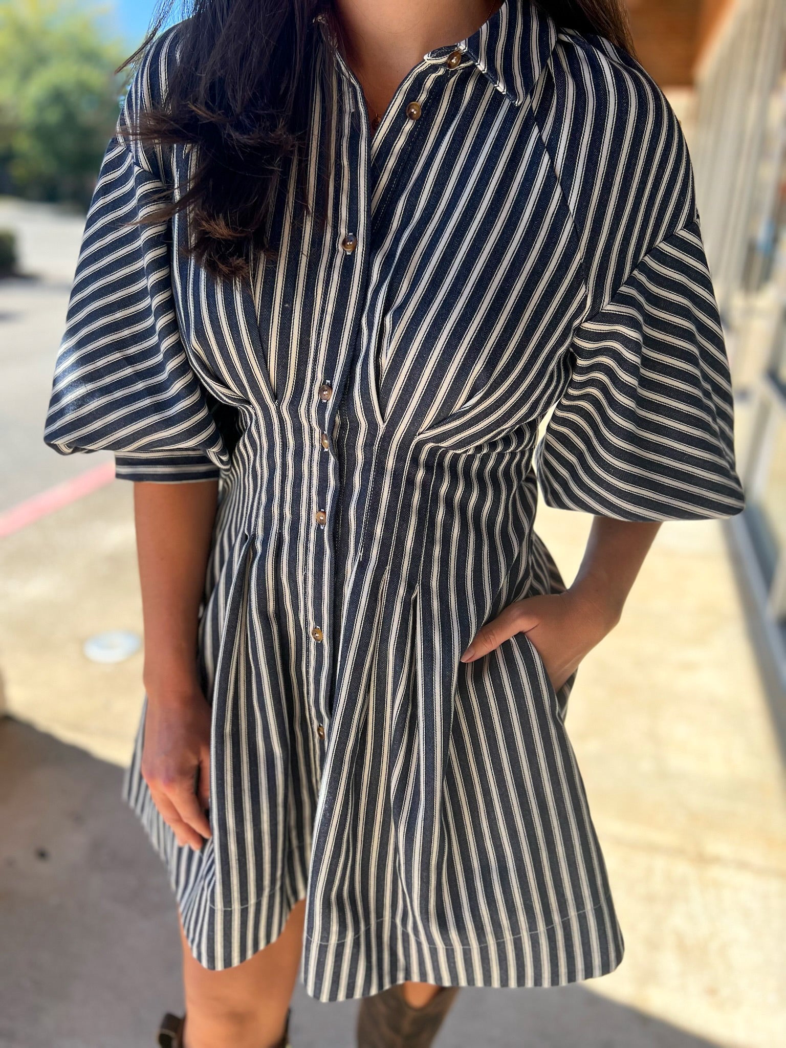 Denim Navy Blue Striped Bubble Sleeve Dress - A'Bekah's Boutique