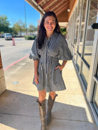 Denim Navy Blue Striped Bubble Sleeve Dress - A'Bekah's Boutique