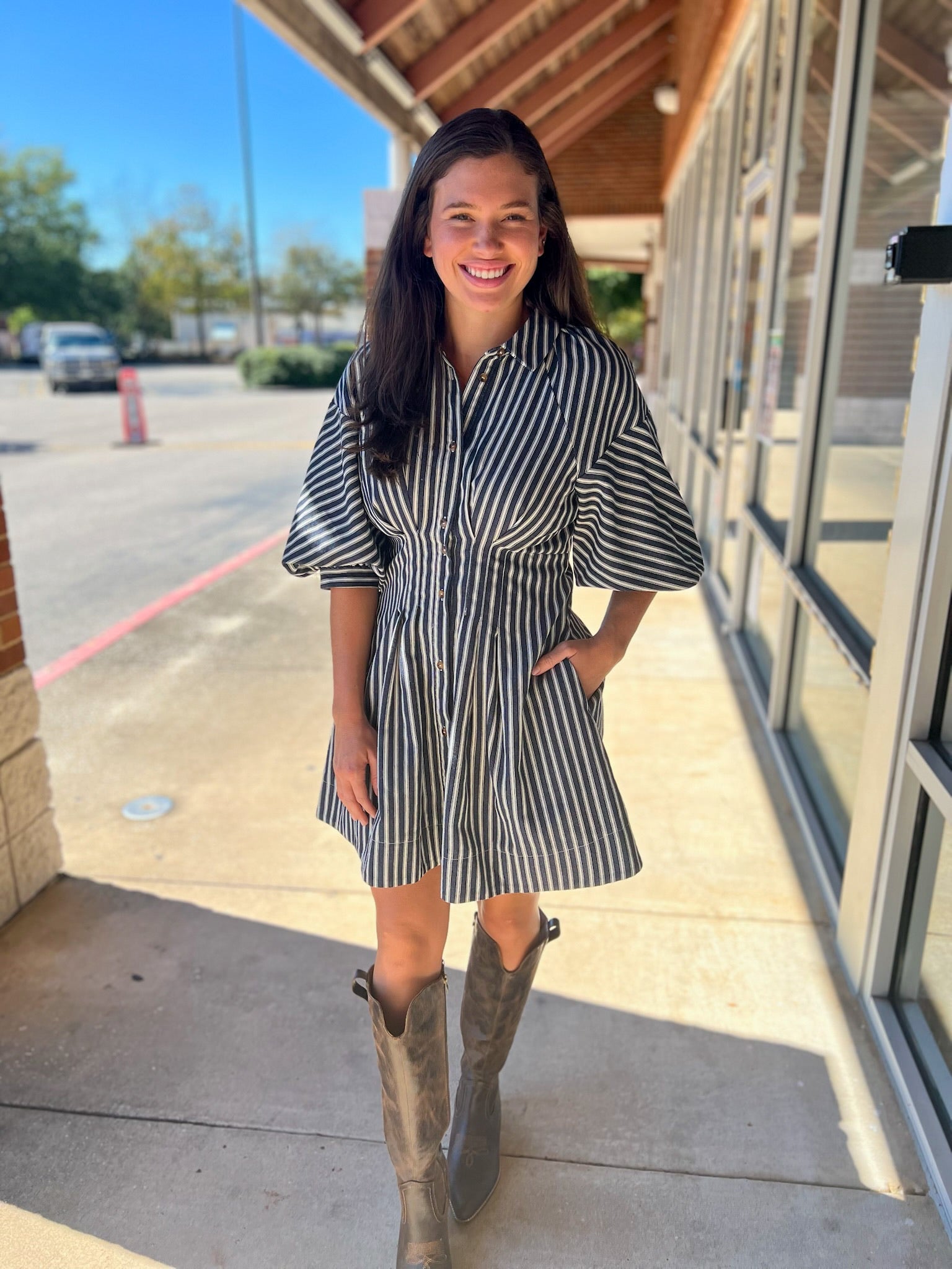 Denim Navy Blue Striped Bubble Sleeve Dress - A'Bekah's Boutique
