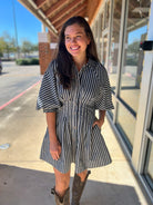 Denim Navy Blue Striped Bubble Sleeve Dress - A'Bekah's Boutique