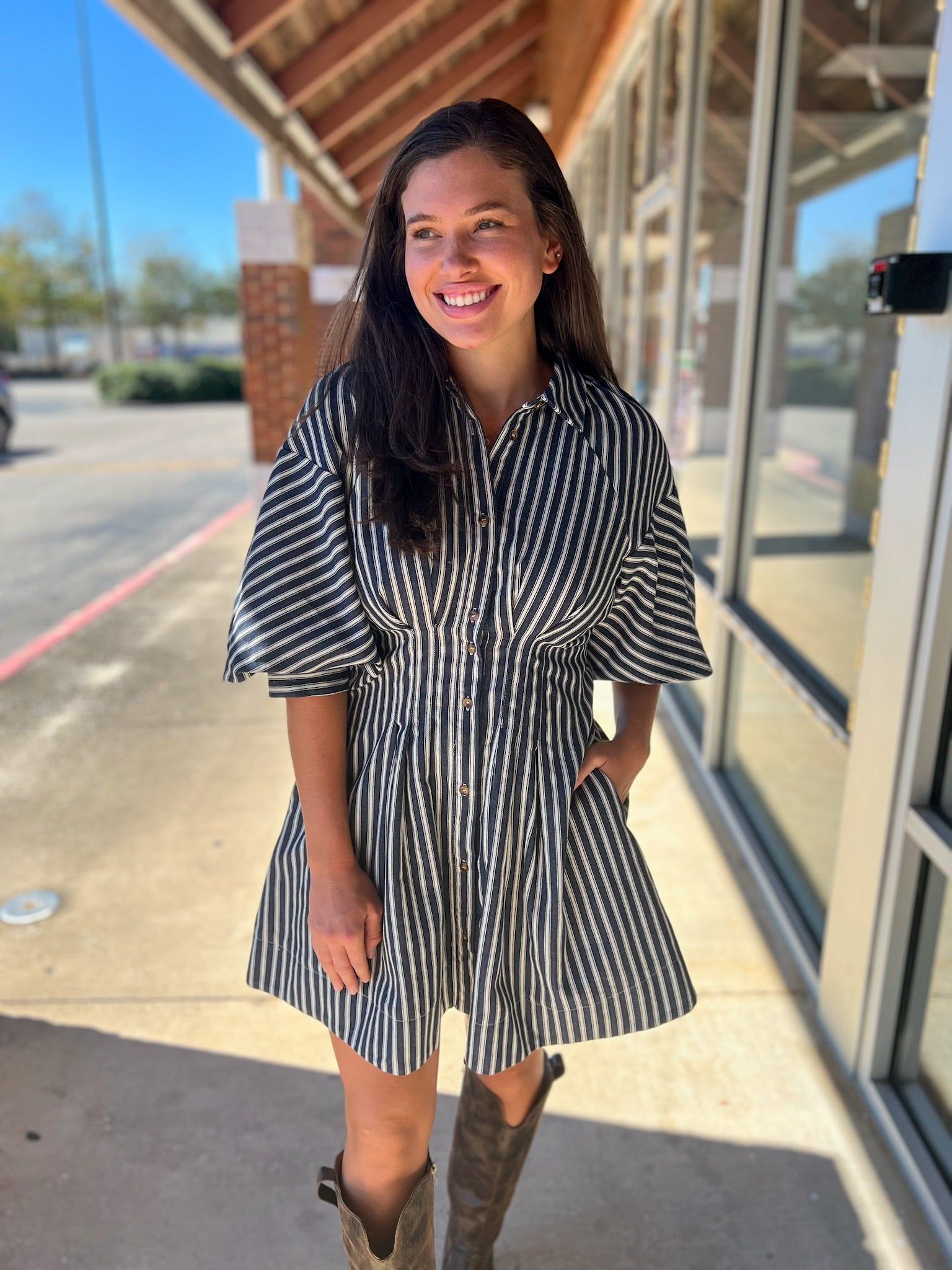Denim Navy Blue Striped Bubble Sleeve Dress - A'Bekah's Boutique