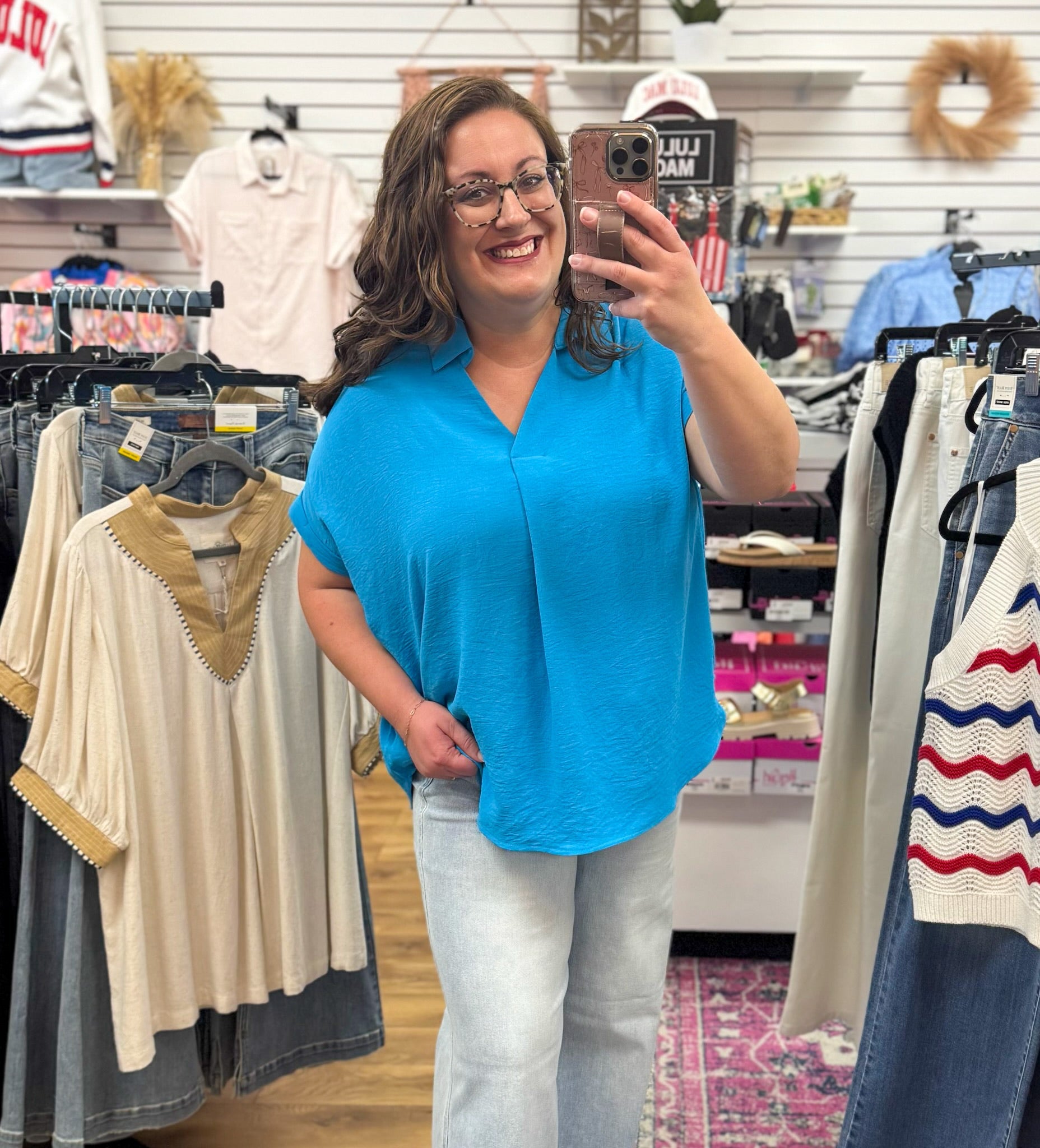 Diva Blue Short Sleeve Drop Shoulder V-Neck Top - A'Bekah's Boutique