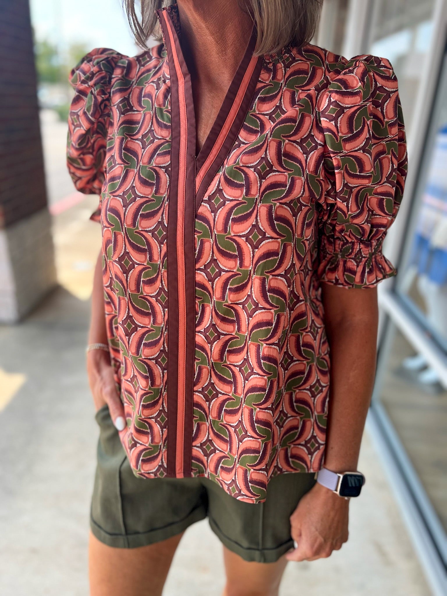 Don't Rush Terra Cotta Abstract Print Short Puff Sleeve Top with Contrast Banding (R) - A'Bekah's Boutique